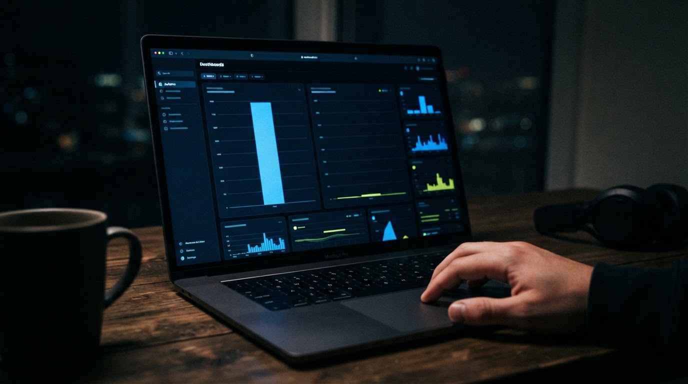 A dark dashboard screen showing one steeply rising bar chart and one flat chart, with a hand on a trackpad.
