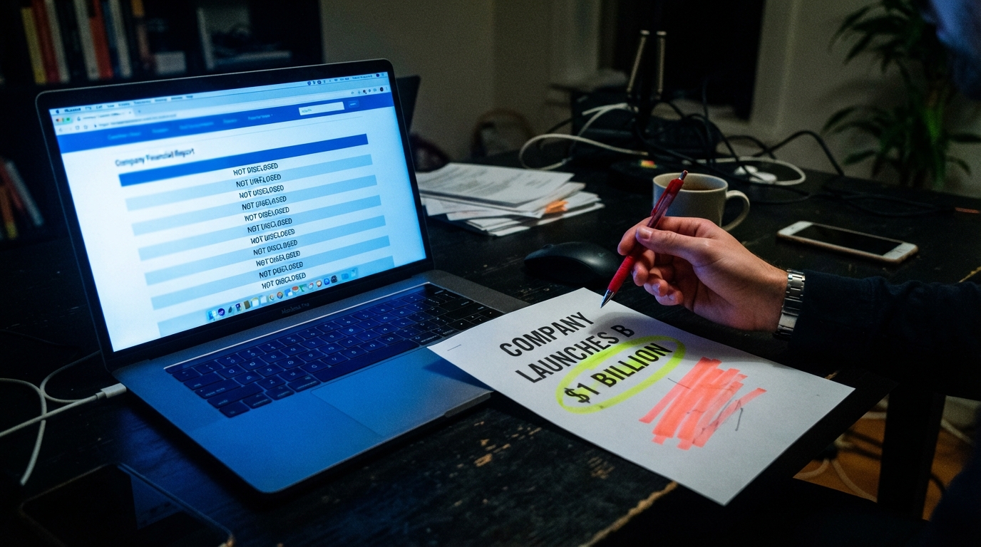 A laptop showing blank company financial fields next to a printed headline reading one billion dollars circled in marker.