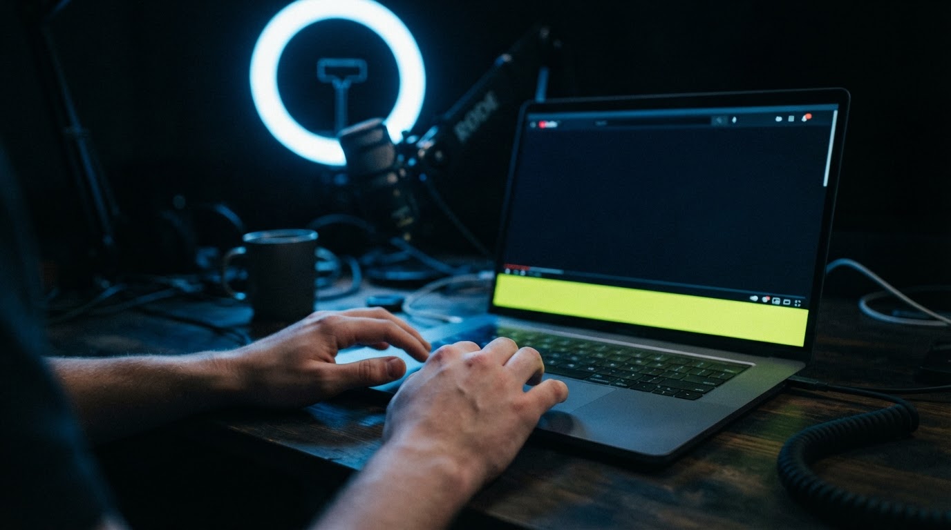 Hands at a dark desk in front of a laptop showing a YouTube player with a disclosure label across the full progress bar, ring light and microphone behind.