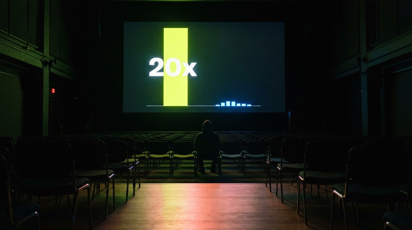 A projected investor slide showing one giant bar next to twenty tiny bars in a darkened presentation room