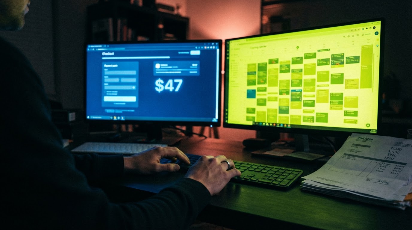 Two glowing screens on a dark desk, one showing a $47 course checkout, the other a full coaching calendar.