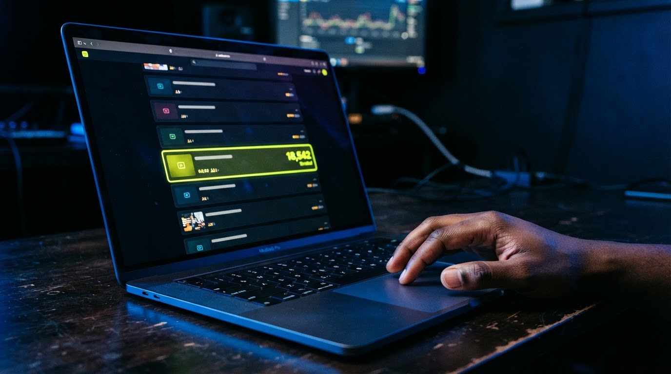 A dark desk with a laptop showing a dashboard listing eight online courses, one highlighted in bright green.