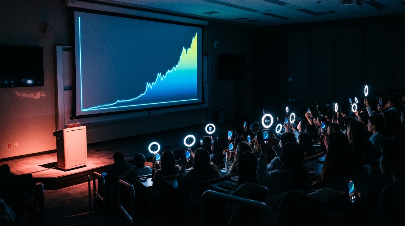 Dark lecture hall where students film vertical video on phones while a large screen displays a rising follower-count graph.