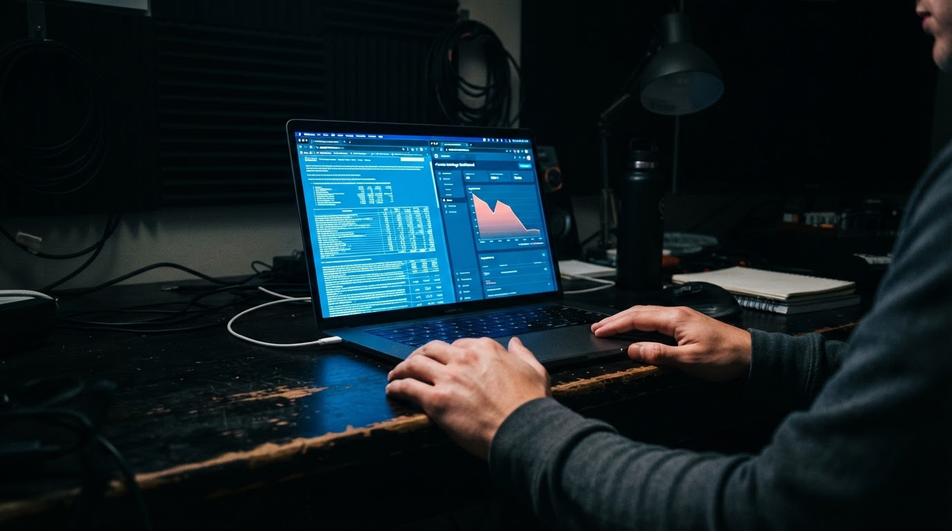 A laptop on a dark home-studio desk showing an SEC filing next to a declining course earnings chart.