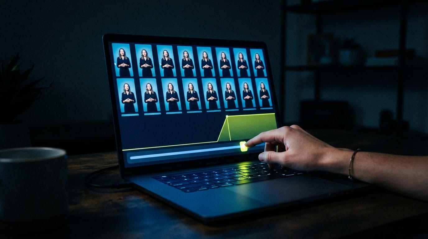 A laptop at night showing a grid of identical short-form video clips cut from one recording, with a flattening view counter.