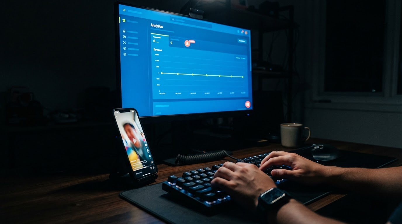 A membership dashboard with a flat revenue graph glowing on a monitor at night, next to a phone showing a short-form video feed.