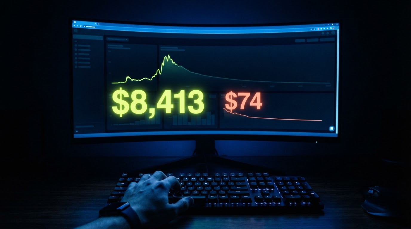 A dark desk setup with a glowing dashboard showing a large average earnings figure next to a much smaller median figure and a long-tail revenue curve.